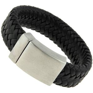 Brede Leren Heren Armband Bukovsky SL8870 - Gevlochten Leder - Zwart - 19cm - Geborstelde Stalen Sluiting - 316L Stainless Steel