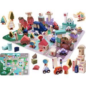 Blokken speelgoed met speelmat - 135 stuks - Educatieve houten blokken - Speelgoed - Stadspuzzel - Ontwikkelingsspeelgoed - Stimuleert Motoriek en Creativiteit