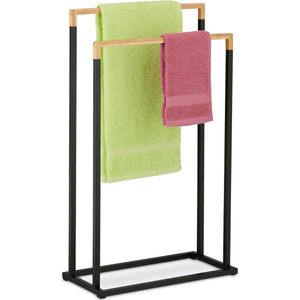 Relaxdays handdoekenrek - 2 stangen - staande handdoekhouder - metaal en bamboe - badkamer