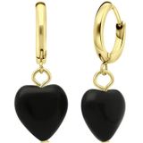 Lucardi Dames Goldplated oorbellen met hart obsidiaan - Oorbellen - Cadeau - Moederdag - Staal - Goudkleurig