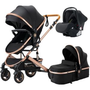 ProductPlein - Kinderwagen 3 in 1 – Wandelwagen baby 3 in 1 – Kinderwagen inclusief Autostoeltje – Kinderwagen Zwart/Goud, Aluminium