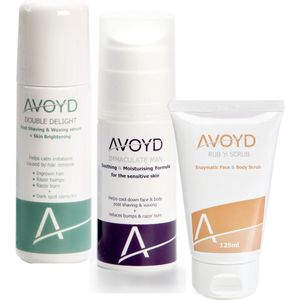 Avoyd PigmentatiePluspakket man - Set van 3 producten - Avoyd Double Delight 90ml + Avoyd Immaculate Man 50ml + Avoyd Rub 'n Scrub 125ml - Voorkomt ingegroeide haartjes, scheerirritatie, scheerbultjes & pigmentatie