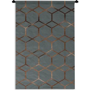 Wandkleed Luxe patroon - Luxe patroon van bronzen zeshoeken en ruiten op een donkerblauwe achtergrond Wandkleed katoen 60x90 cm - Wandtapijt met foto