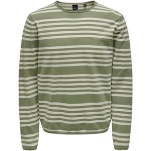 Only & Sons-Trui heren - Groen lange mouwen ronde hals- Onsoby stripe-Seagrass/antique white- Maat M