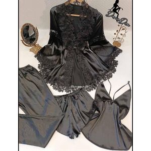 Luxe Satijnen Pyjama Set Dames – 4-delig - Black, Free Size