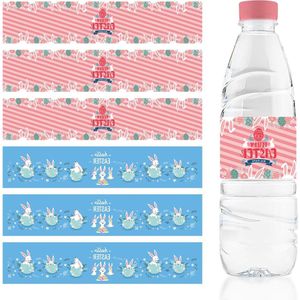 Etiketten voor waterflessen met paasthema 48 stuks blauw roze mix - konijn patroon voor paasfeest verjaardag