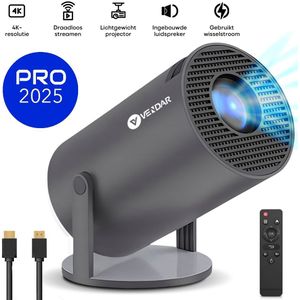 Vendar® YA350 Pro Mini Beamer 2025 – 350 ANSI Lumen – Smart Projector met 4K-ondersteuning – Geïntegreerd Android 14 – WiFi 6 & Bluetooth 5.4 – Voor iOS & Android – Thuisbioscoop – Zwart