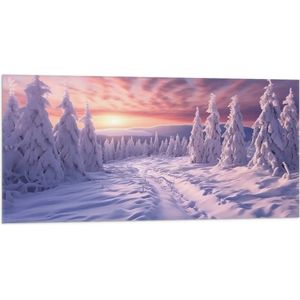 Vlag - Bomen - Sneeuw - Bergen - Paars - Wit - 100x50 cm Foto op Polyester Vlag