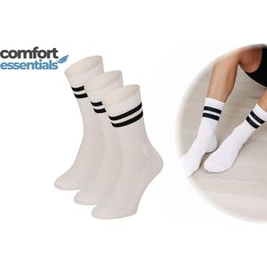 Comfort Essentials - Sport Sokken Dames - 3 paar - Wit - 36/41 - Sportsokken Dames - Sokken met Strepen - Tennissokken Dames - Hardloopsokken Dames