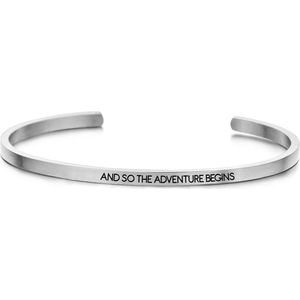 Key Moments 8KM-B00109 - Stalen open bangle met tekst - and so the adventure begins - zirkonia - one-size - zilverkleurig