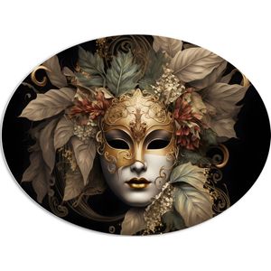 PVC Schuimplaat Ovaal - Venetiaanse carnavals Masker met Gouden en Beige Details tegen Zwarte Achtergrond - 108x81 cm Foto op Ovaal (Met Ophangsysteem)