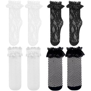 4 paar kanten damessokken met geplooide ruches en elastische middellange kuitsokken in zwart-wit, One size