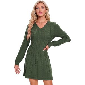 Dames gebreide jurk trui jurk kabelpatroon lange mouw tuniek jurk gebreide trui mini jurk ronde hals trui jurk elegante A-lijn casual jurk Groente L