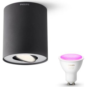 Philips Pillar Opbouwspot White & Color Ambiance GU10 - 1 Hue Lamp - Wit en Gekleurd Licht - Dimbare Plafondspots - Zwart