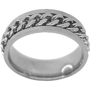 Stoer edelstaal ringen in maat 24 met los schakel ketting in midden die je mee kan draaien ( ook wel stress ring genoemd). ring is zeer geschikt als duimring.