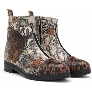 Goby - Wild Elegance Dames Enkellaarzen - Vegan Leer - Handgemaakt - Tijger en Bloemen Design - Maat 36