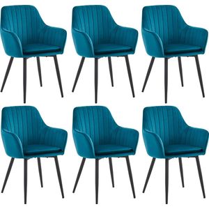Colenis® - Lavinia Eetkamerstoel - Set Van 6 - Petrol - Velvet - Industrieel - Met armleuning - Stoel