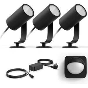 Philips Hue Lily Basisset van 3 Tuinspots (Antraciet) - Wit en Gekleurd Licht - Incl. 1 Voedingskabel, 1 Bewegingssensor voor Buiten - Tuinverlichting - Hue White and Color Ambiance