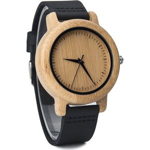 HO24-A21.1 : Licht houten horloge, zwart leder met pu band, gespsluiting