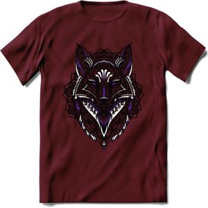 Vos - Dieren Mandala T-Shirt | Paars | Grappig Verjaardag Zentangle Dierenkop Cadeau Shirt | Dames - Heren - Unisex | Wildlife Tshirt Kleding Kado | - Burgundy - M