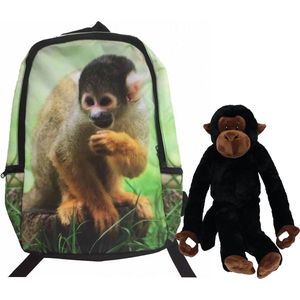 Rugzak Aap met grote slinger aap knuffel 69 cm kinder set, school rugtas met pluche aapje speelgoed