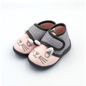 Meisjes baby / peuter / kleuter poes dieren pantoffels – zeer zachte sloffen - roze en grijs met leuk poezen gezichtje en stippen print – sterke antislip – instappers met klittenband / velcro sluiting - maat 21