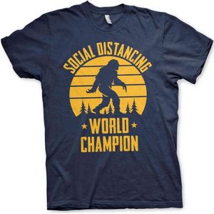 Heren Fun Tshirt -S- Social Distancing World Champion Blauw
