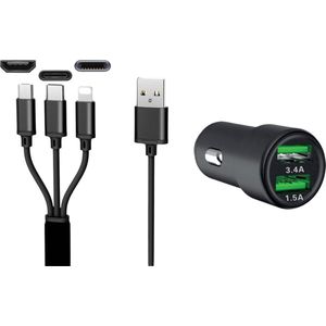 IWH Dual 3 in 1 USB-oplader voor auto's 3 poorten 1,2 meter