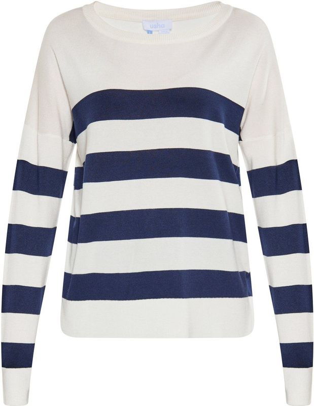 Usha - Fijngebreide Trui - Horizontaal Gestreept - Ronde Hals - Lange Mouwen