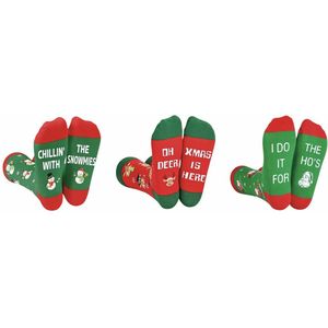 SilverAndCoco® - 3 Paar Rebelse Kerstsokken met Tekst / Gekke Foute Vrolijke Happy Kerst Sokken Kerstman / Leuke Grappige Dikke Warme Huissokken Kerstmis Kerstcadeau pakket / Wintersokken Kleding Socks Mannen Vrouwen / Sinterklaas Schoen Cadeau