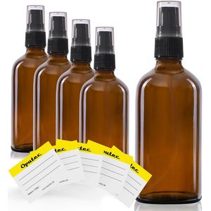 Oputec 5 x 100ml pompflessen – bruine glazen crèmespender & lotionspender – navulbaar & herbruikbaar – met etiketten – dicht & reisvriendelijk