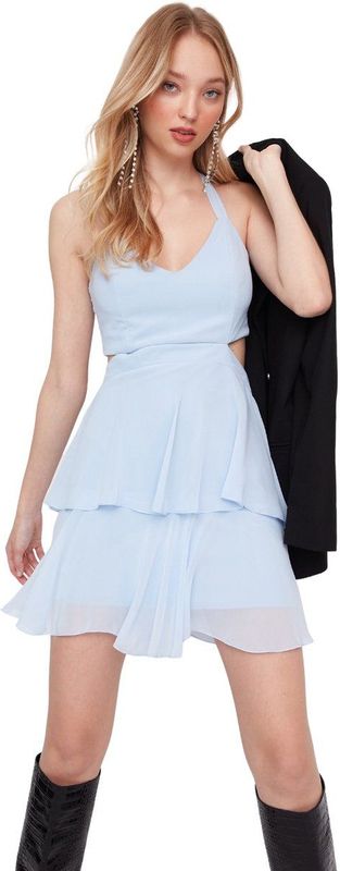 Trendyol - Tprss21El4350 - A-Lijn Jurk - Donkerblauw - Gevoerd - Korte Avondjurk Met Venster/Uitsnijdingen