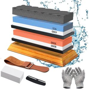 Double Sided Knife Sharpener Whetstone 400/1000 and 3000/8000 Grit - Professional Sharpening Stone with Bamboo Base