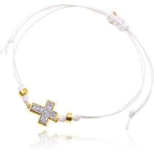 Enkelband van wit touw met goudkleurige kralen en kruis