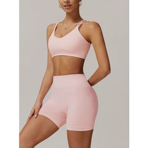 Blush Motion Short Set – Maat L - Soft Pink – 2-delig: Bra Top & High Waisted Short - Seamless Sportset Dames