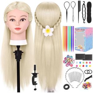 26 inch trainingskoppen 80% echt haar met tafelklem en doe-het-zelf haarvlechtset wit