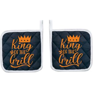 Eizook Pannenlappen 2 Stuks Navy Bedrukt - KING OF THE GRILL In ORANJE- Zacht Katoen met Polyester Pannenonderzetter Hittebestendige Pannenlap tot 250°C