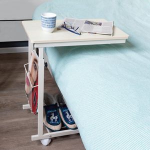 Eleganca bijzettafel op wielen - Gebruiksvriendelijke en in hoogte verstelbare laptoptafel - Zeer stevige bedtafel met remwielen ��– Gebroken wit/Beige - 48x30x55cm