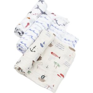 Little Unicorn - 100% Premium Katoen Hydrofiele Swaddle XL - Baby Inbakerdoek - Wikkeldeken - handgetekend ontwerp - 3 stuks -120 x 120 cm - Shark 2