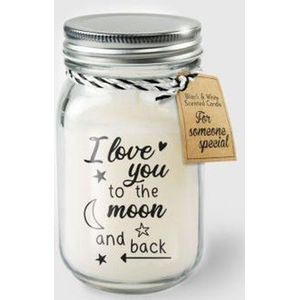 Kaars - I love you to the moon and back - Lichte vanille geur - In glazen pot - In cadeauverpakking met gekleurd lint