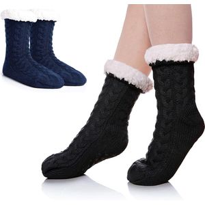 Huissokken - 2 Paar - Huissokken Dames En Heren - Anti Slip Sokken - Fleece Sokken - Slofsokken - Dikke Sokken - One Size - Dikke - Bedsokken - Fluffy Sokken - Verwarmde Sokken - Gevoerde Sokken - Winter Sokken - Cadeautip - Kerst - Zwart/Donkerblauw