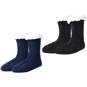 Huissokken - 2 Paar - Huissokken Dames En Heren - Anti Slip Sokken - Fleece Sokken - Slofsokken - Dikke Sokken - One Size - Dikke - Bedsokken - Fluffy Sokken - Verwarmde Sokken - Gevoerde Sokken - Winter Sokken - Cadeautip - Kerst - Zwart/Donkerblauw