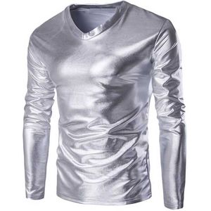 Heren Shirt Zilver Metallic – Lange Mouwen – Glanzend Party Top
