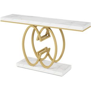 Varnox Gangtafel - Muurtafel - Gangtafel - Consoletafel - Sidetable - Banktafel - Hout marmerlook - Stalen poten - Gouden Frame - Industrieel - Wit
