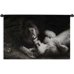 Wandkleed Roofdieren - Een leeuw en een leeuwin samen - zwart-wit Wandkleed katoen 180x120 cm - Wandtapijt met foto XXL / Groot formaat!