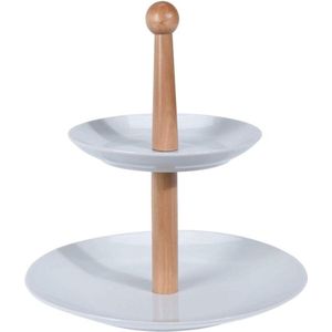 Porselein wit etagère met 2 etages van keramiek en hout voor fruit - serveerschaal
