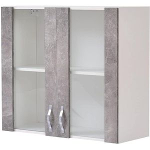 Dressoir, keukenkast met glas, wandkast voor wand, beglazing, hout, twee deuren, 1 opbergvak, 2 vakken, ruime kast, robuust grijs beton, 80 x 32 x 72 cm