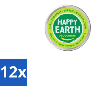 Happy Earth – Deodorant Balm – 100% Natuurlijk Bergamot – 45 g - Voordeelverpakking - 12 stuks