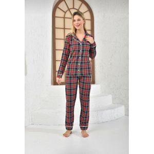 Lycra Katoen Dames Pyjamaset Donkerblauw / Rood Met Geruit Patroon Maat XXL