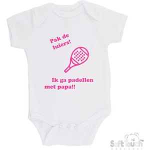 100% katoenen Romper ""Pak de luiers! Ik ga padellen met papa!!"" Padel Meisjes Katoen Wit/roze Maat 62/68